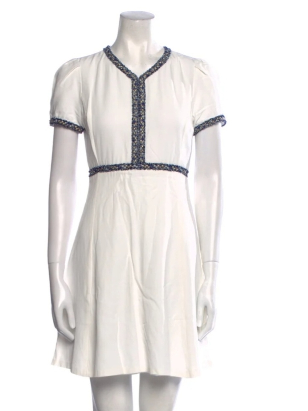 White Short-Sleeve Mini Dress with Blue Contrast Trim